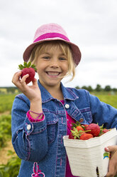 Porträt eines stolzen kleinen Mädchens mit Schachtel und Erdbeeren auf einem Erdbeerfeld - JFEF000809