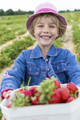 Porträt eines glücklichen kleinen Mädchens mit einer Kiste Erdbeeren auf einem Erdbeerfeld - JFEF000811