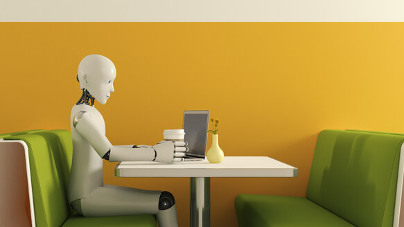 Roboter mit Laptop im Café, 3D Rendering - AHUF000227