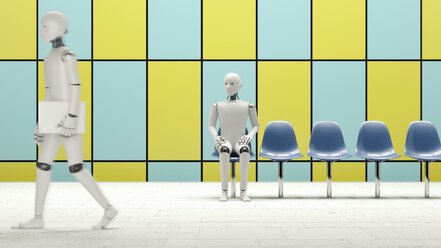 Roboter sitzt auf einem Stuhl in einer U-Bahn-Station, einer geht mit Laptop - AHUF000229