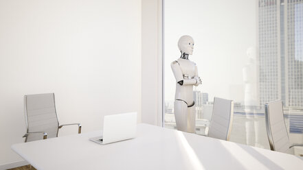 Roboter im Büro, Blick durch das Fenster - AHUF000233