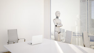 Robot in office, looking through window - AHUF000233