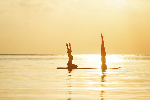 Thailand, Paar beim Yoga auf dem Paddelbrett bei Sonnenuntergang - SBOF000173