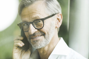 Porträt eines lächelnden Mannes mit grauen Haaren und Bart, der telefoniert - SBOF000208