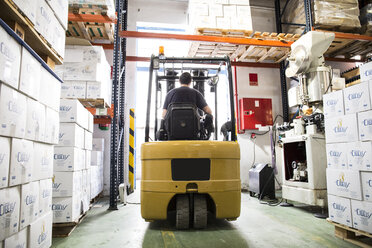 Worker driving forklift in warehouse - ABZF001094