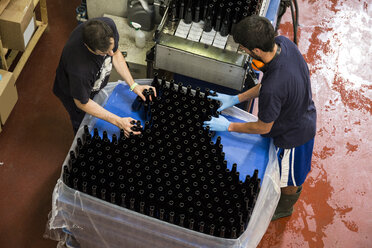 Männer arbeiten in einer Bierabfüllanlage - ABZF001099