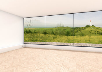 Leeres Zimmer, Fenster mit Blick auf die Ostsee, Hiddensee, 3D Rendering - CMF000555