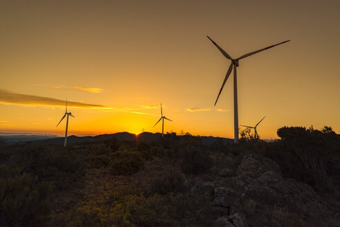 Windkraftanlagen auf einem Hügel bei Sonnenaufgang - OPF000141