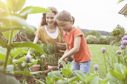 Lächelnde Mutter und Tochter bei der Gartenbepflanzung, lizenzfreies Stockfoto