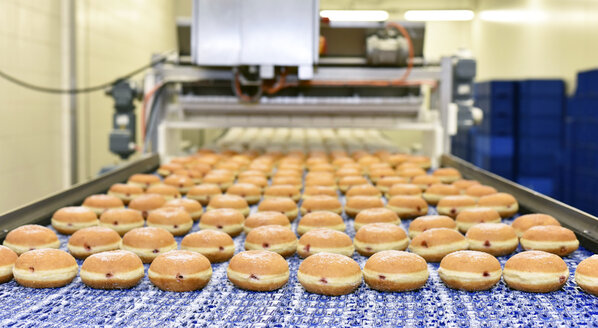 Production line in a baking factory with Berliners - LYF000538
