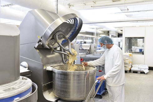 Arbeiter an einer Teigknetmaschine in einer Großbäckerei - LYF000548