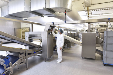 Arbeiter bei der Bedienung einer Maschine in einer industriellen Bäckerei - LYF000551