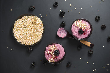 Bowls of blackberry creme with puffed wholemeal quinoa - MYF001759