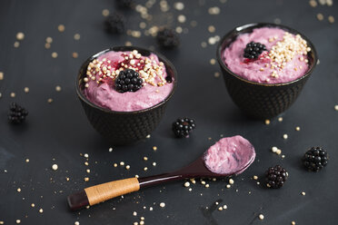 Bowls of blackberry creme with puffed wholemeal quinoa - MYF001761