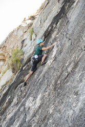 Junger Mann klettert an einer Felswand - RAEF001481