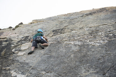 Junger Mann klettert an einer Felswand - RAEF001483