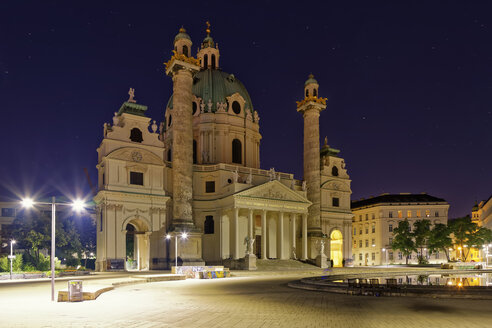 Austria, Vienna, view to St Charles Borromeo by night - GFF000775