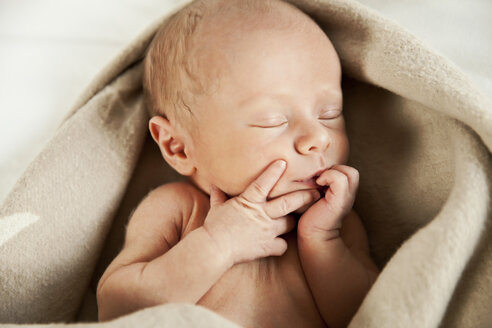 Gesicht eines schlafenden, in eine Decke eingewickelten Neugeborenen - MFF003187