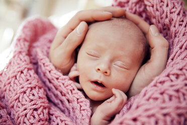 Hände halten den Kopf eines neugeborenen Babys in einer rosa Wook-Decke - MFF003196