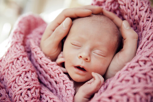 Hands holding head of a newborn baby in a pink wook blanket - MFF003196