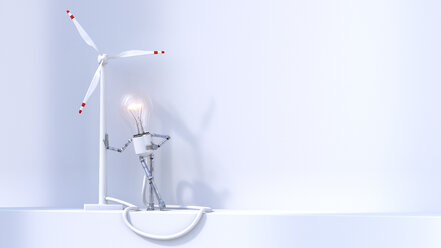 Elektrisches Glühbirnenpüppchen lehnt sich an ein Windrad - AHUF000240