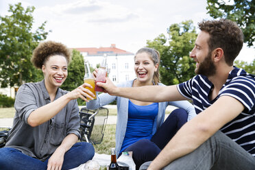 Drei glückliche Freunde stoßen im Park auf Flaschen an - WESTF021744