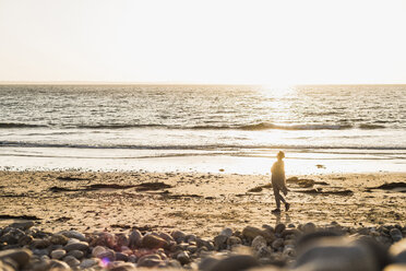 France, Crozon peninsula, woman walking on beach at sunset - UUF008326