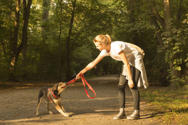 Young woman playing with her dog on a forest track - FCF001068