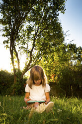 Little girl sitting on a meadow using tablet - LVF005284