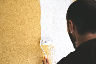 Back view of man painting wall with paint roller - GEMF01010