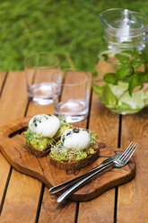 Slices of toast with mashed avocado, boiled egg and sprouts - KNTF00494