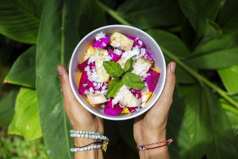 Woman's hands holding bowl of tropical fruit salad - KNTF00503