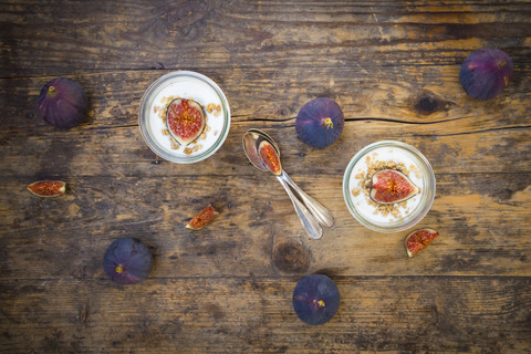 Greek yogurt with granola and figs stock photo