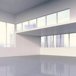 Innenansicht einer modernen Halle mit Blick auf Wolkenkratzer - UWF00979