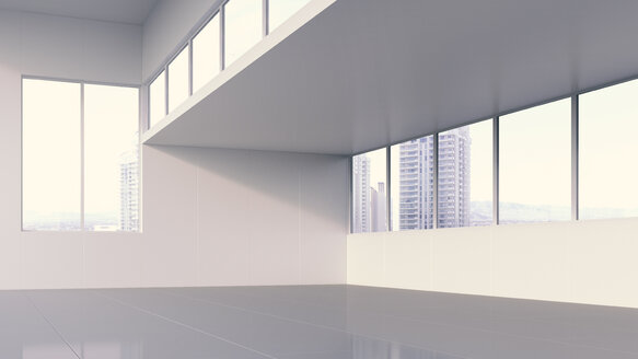 Innenansicht einer modernen Halle mit Blick auf Wolkenkratzer - UWF00980