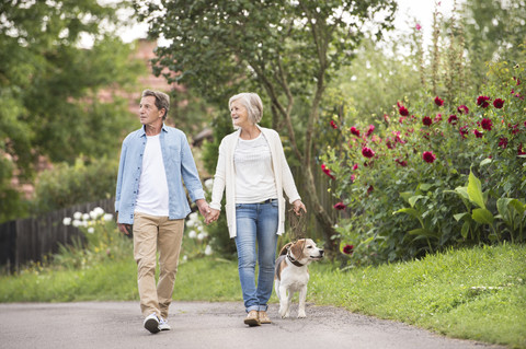 Älteres Paar auf einem Spaziergang mit Hund in der Natur, lizenzfreies Stockfoto