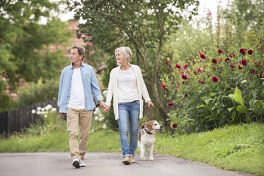 Älteres Paar auf einem Spaziergang mit Hund in der Natur - HAPF00860