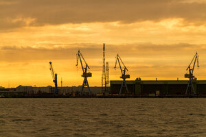 Deutschland, Stralsund, Blick auf Silhouetten von Hafenkränen in der Werft bei Dämmerung - TAMF00651