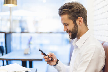 Smiling businessman looking at cell phone in a cafe - DIGF01252