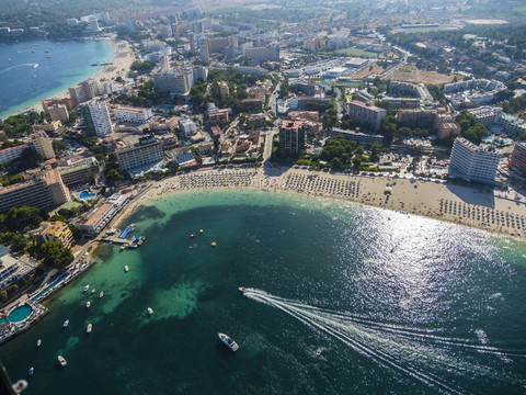 Spain, Mallorca, Palma de Mallorca, Aerial view, beaches and hotels of Palmanova and Torrenova stock photo