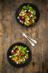 Two bowls of leaf salad with goat cream cheese and tomatoes on wood - LVF05338