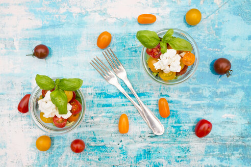 Zwei Gläser Blattsalat mit Ziegenfrischkäse und Tomaten - LVF05343