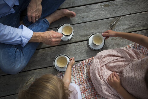 Father drinking tea with his daughters in the garden - JTLF00112