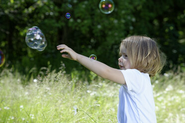 Little girl trying to catch soap bubbles on a meadow - LBF01483