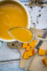 Organic pumpkin soup on spoon - LVF05363