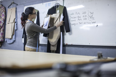 Modedesignerin in einer Bekleidungsfabrik, die ihre Arbeit am Klemmbrett kontrolliert - ZEF10538