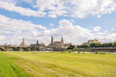 Germany, Saxony, Dresden, historic city center at River Elbe, Elbe meadows - KRPF01861