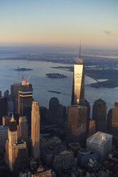 USA, New York, New York City, cityscape with World Trade Center and Hudson River and New York Harbor - BCDF00193