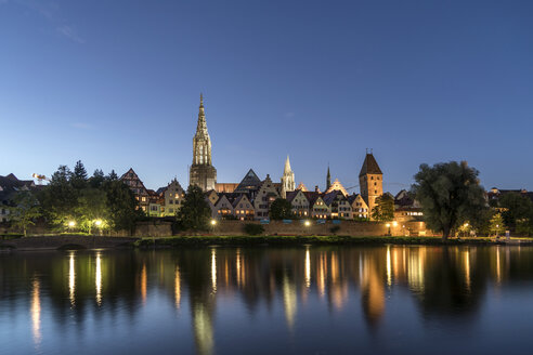 Germany, Ulm, view to the city with Danube River in the foreground at dusk - PCF00277