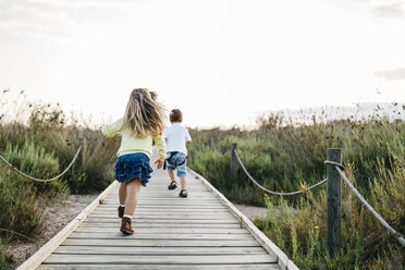 Back view of two little children playing together on boardwalk in nature - JRFF00871